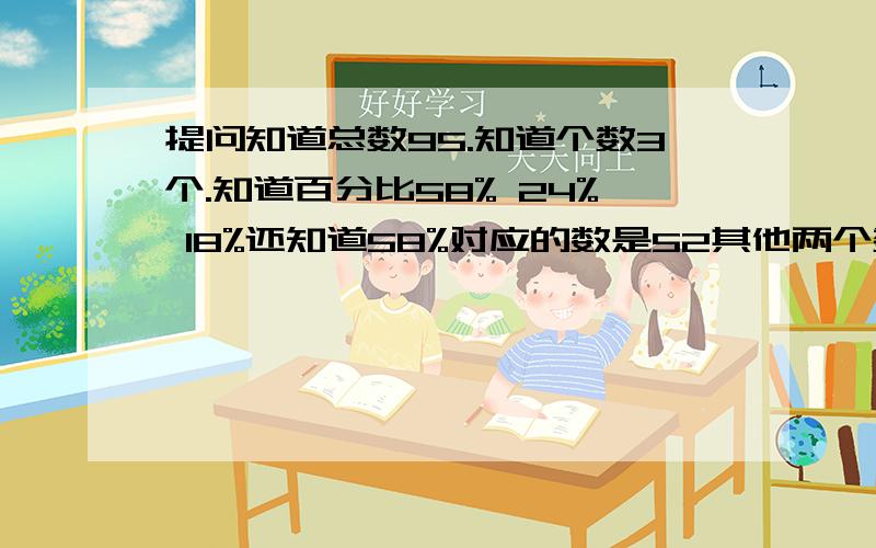 提问知道总数95.知道个数3个.知道百分比58% 24% 18%还知道58%对应的数是52其他两个数怎么算出来?