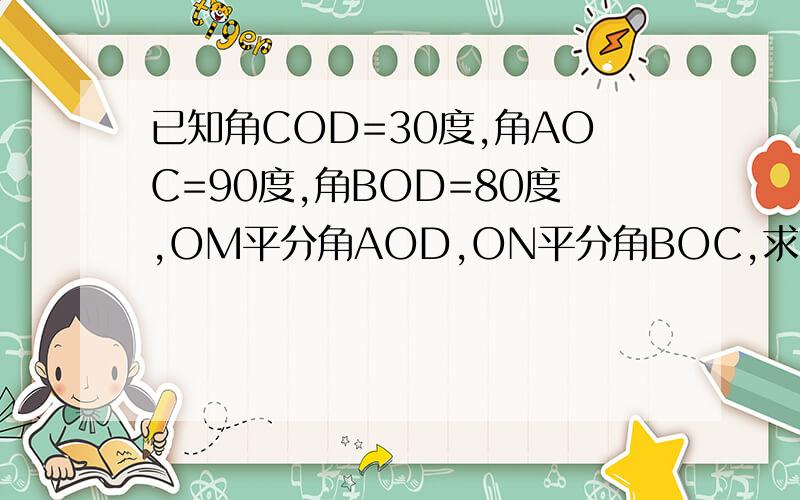 已知角COD=30度,角AOC=90度,角BOD=80度,OM平分角AOD,ON平分角BOC,求角MON的度数.