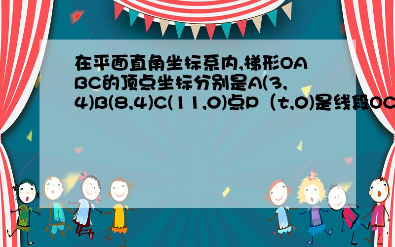 在平面直角坐标系内,梯形OABC的顶点坐标分别是A(3,4)B(8,4)C(11,0)点P（t,0)是线段OC上一点,设四边形面积为S（1）求梯形的高BE的长及S与t的函数关系；（2）当S=20时,试判断四边形ABCP的形状