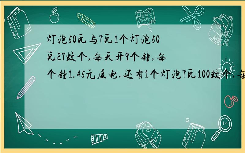 灯泡50瓦与7瓦1个灯泡50瓦27蚊个,每天开9个钟,每个钟1.45元度电,还有1个灯泡7瓦100蚊个,每天开9个钟,每个钟1.45元度电.我想请问7瓦灯泡开几日能省了这灯泡的相差得差价73元.有谁能答到我啊?个