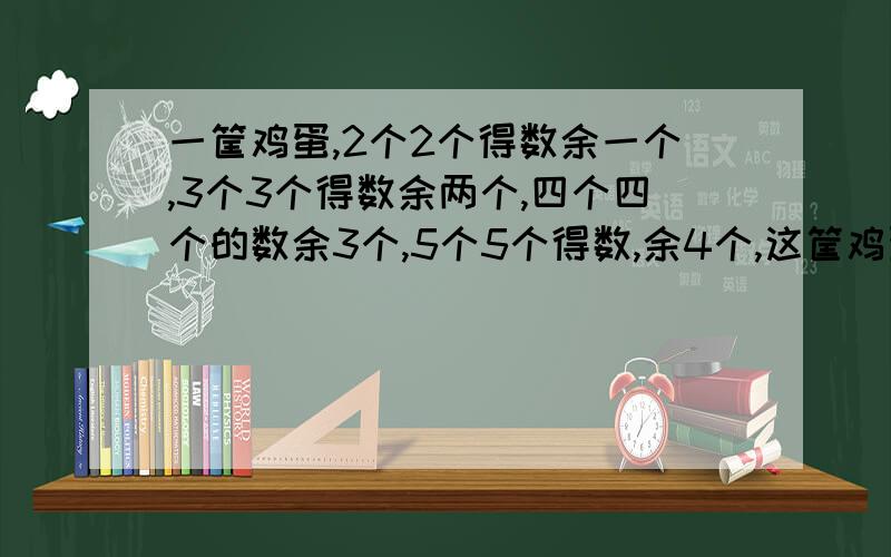 一筐鸡蛋,2个2个得数余一个,3个3个得数余两个,四个四个的数余3个,5个5个得数,余4个,这筐鸡蛋至少有多少个?急.要算式