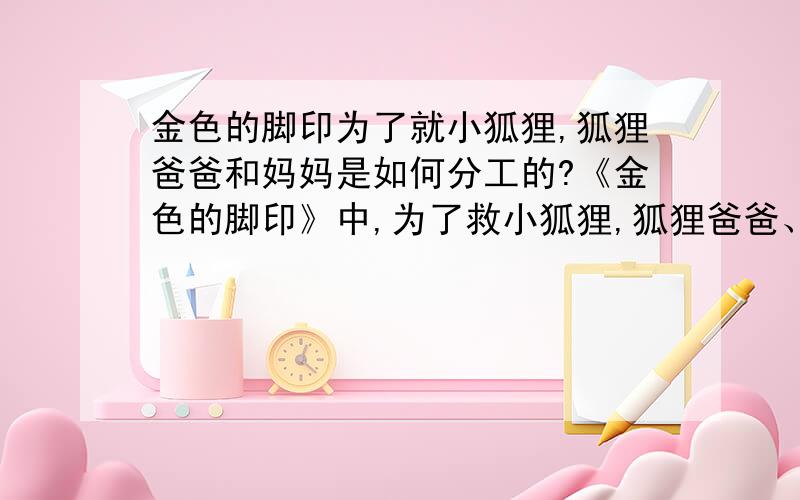 金色的脚印为了就小狐狸,狐狸爸爸和妈妈是如何分工的?《金色的脚印》中,为了救小狐狸,狐狸爸爸、狐狸妈妈是如何分工的?——2010级山东人民出版社-《语文综合能力训练》第二十四课