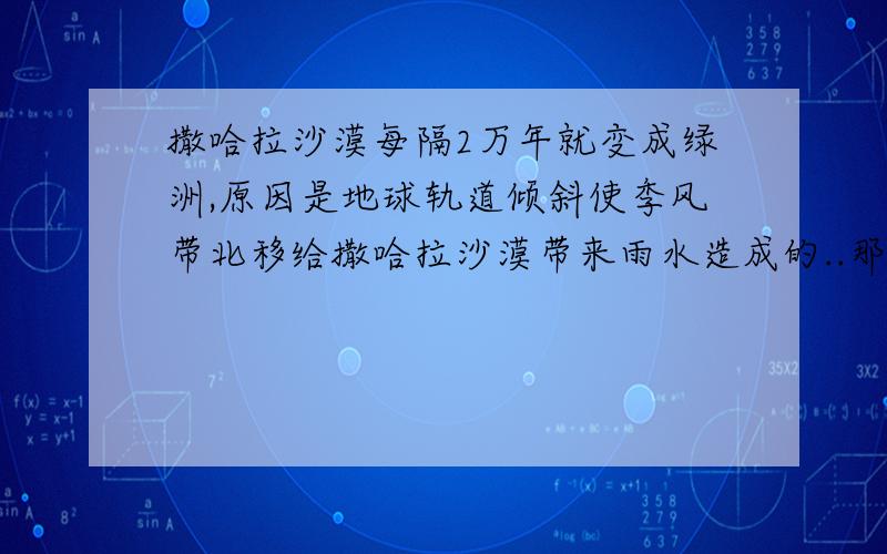 撒哈拉沙漠每隔2万年就变成绿洲,原因是地球轨道倾斜使季风带北移给撒哈拉沙漠带来雨水造成的..那么地球轨道倾斜事必会造成另外一个地域没有足够的降水,也会逐渐变成沙漠.如果我的想