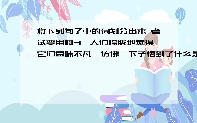 将下列句子中的词划分出来 考试要用啊~1、人们朦胧地觉得它们意味不凡,仿佛一下子悟到了什么是哲学了.2、虔诚的教徒背负着香袋去峨眉进香时,他们首先要通过蜿蜒崎岖的石阶.3、封建道