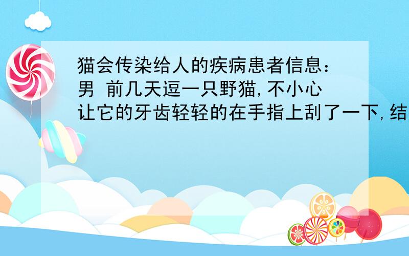 猫会传染给人的疾病患者信息：男 前几天逗一只野猫,不小心让它的牙齿轻轻的在手指上刮了一下,结果那地方马上起了个小小的红包,我会被传病吗