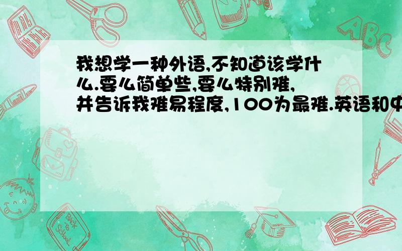 我想学一种外语,不知道该学什么.要么简单些,要么特别难,并告诉我难易程度,100为最难.英语和中文除外，我已经会了这两种语言注意，别跟我说是英文