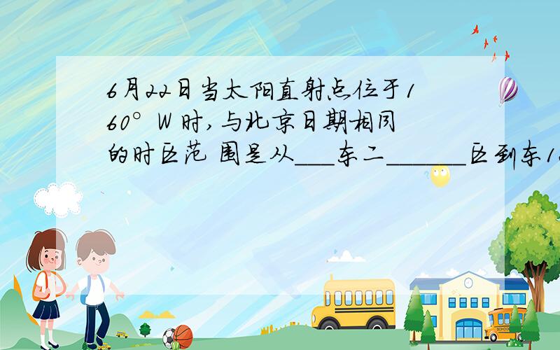 6月22日当太阳直射点位于160°W 时,与北京日期相同的时区范 围是从___东二______区到东12区为什么是东二区,不是东一区?0时经线在哪?