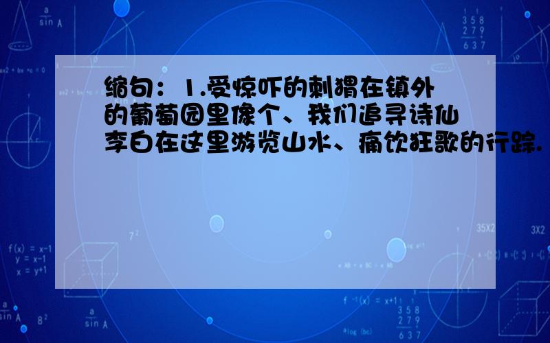 缩句：1.受惊吓的刺猬在镇外的葡萄园里像个、我们追寻诗仙李白在这里游览山水、痛饮狂歌的行踪.