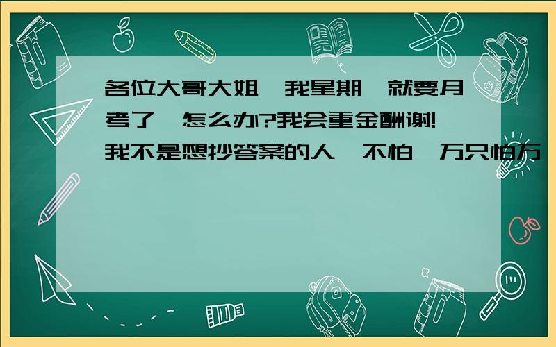 各位大哥大姐,我星期一就要月考了,怎么办?我会重金酬谢!我不是想抄答案的人,不怕一万只怕万一.回答后,请务必加我为好友.