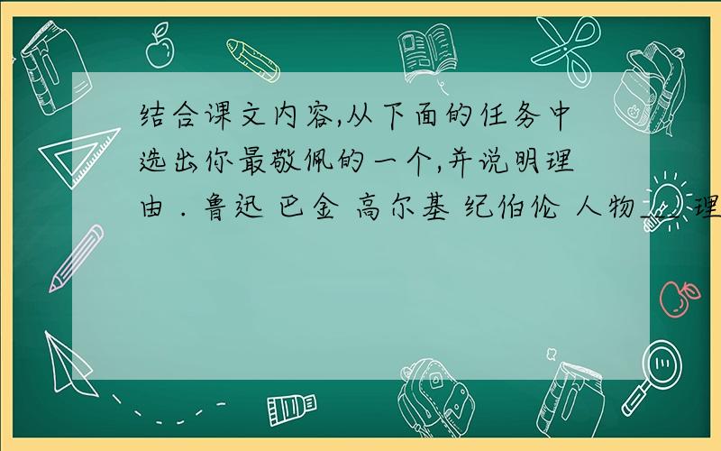 结合课文内容,从下面的任务中选出你最敬佩的一个,并说明理由 . 鲁迅 巴金 高尔基 纪伯伦 人物___ 理由__