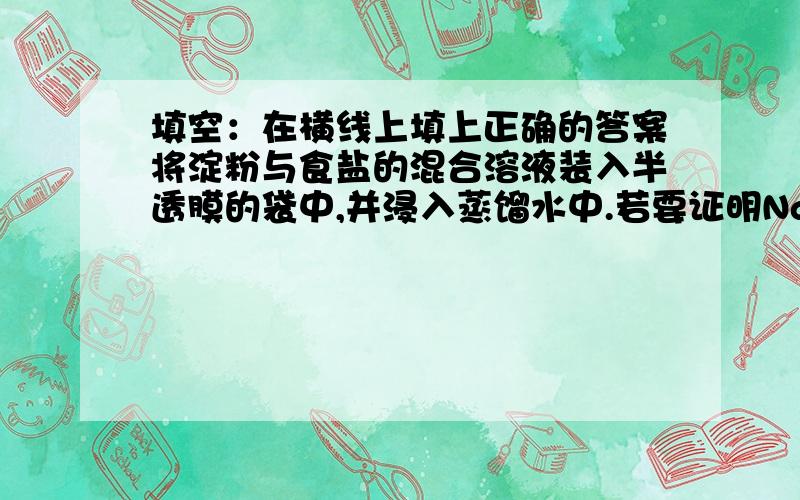 填空：在横线上填上正确的答案将淀粉与食盐的混合溶液装入半透膜的袋中,并浸入蒸馏水中.若要证明Nacl已经透过半透膜,可以----------；若要证明淀粉胶体已经洗干净,可以----------------.将答