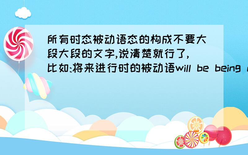 所有时态被动语态的构成不要大段大段的文字,说清楚就行了,比如:将来进行时的被动语will be being done