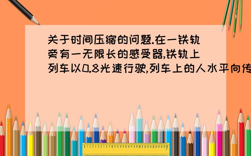 关于时间压缩的问题.在一铁轨旁有一无限长的感受器,铁轨上列车以0.8光速行驶,列车上的人水平向传感器上照射激光,请问当列车内的人照射一分钟后停止照射,那么传感器上显示的照射时间