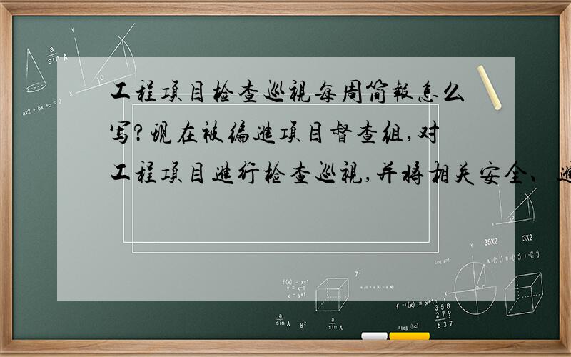 工程项目检查巡视每周简报怎么写?现在被编进项目督查组,对工程项目进行检查巡视,并将相关安全、进度、质量、各部门人员配合情况汇总成每周简报,从来没做过啊,应该怎么写?PS：老板说