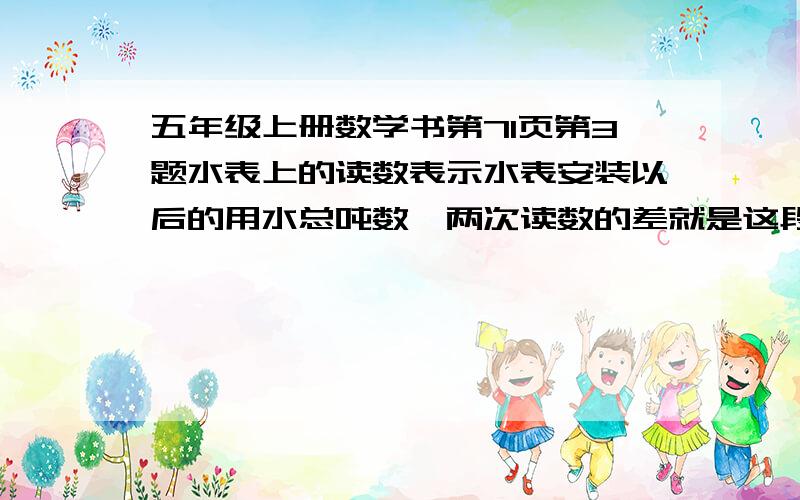 五年级上册数学书第71页第3题水表上的读数表示水表安装以后的用水总吨数,两次读数的差就是这段时间里的用水吨数.101上次读数2756这次读数2788水费80102上次读数3102这次读数?水费135102这次