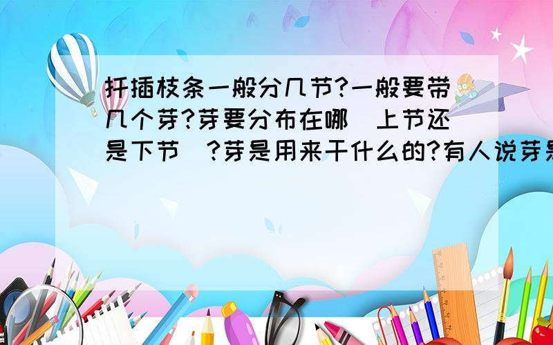 扦插枝条一般分几节?一般要带几个芽?芽要分布在哪（上节还是下节）?芽是用来干什么的?有人说芽是用来分泌生长激素,促进扦插枝条生长.  又有人说在枝条的上下节都应有芽,上节的芽发育