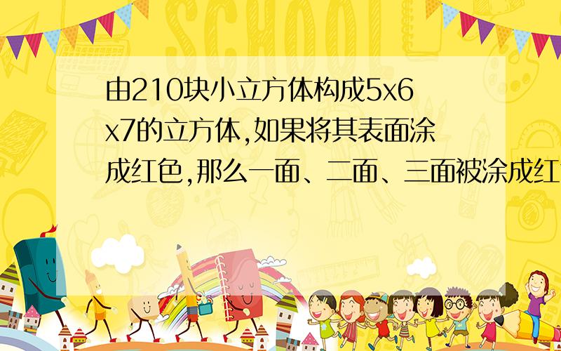 由210块小立方体构成5x6x7的立方体,如果将其表面涂成红色,那么一面、二面、三面被涂成红色的小立方体各几块?