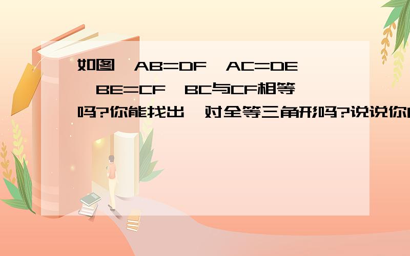 如图,AB=DF,AC=DE,BE=CF,BC与CF相等吗?你能找出一对全等三角形吗?说说你的理由图中下面写第六题的那个图