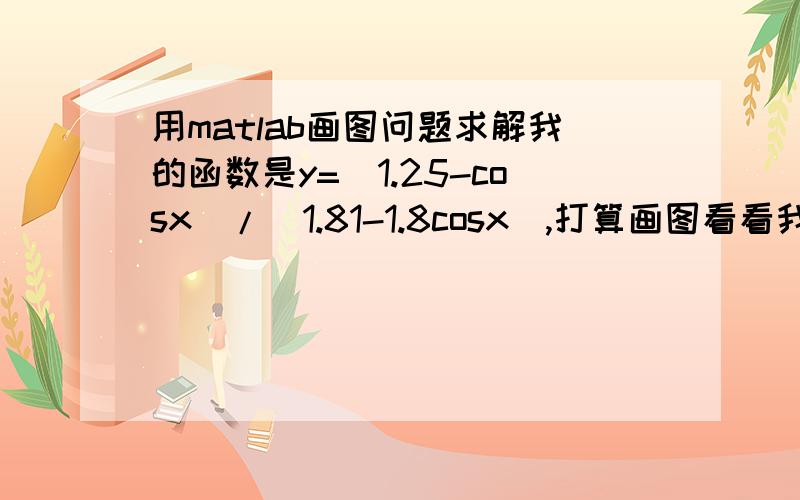 用matlab画图问题求解我的函数是y=(1.25-cosx)/(1.81-1.8cosx),打算画图看看我的输入x=0:0.01:10y=(1.25-cos(x))/(1.81-1.8cos(x))plot(x,y)结果,y只代表一个数,请问怎么办