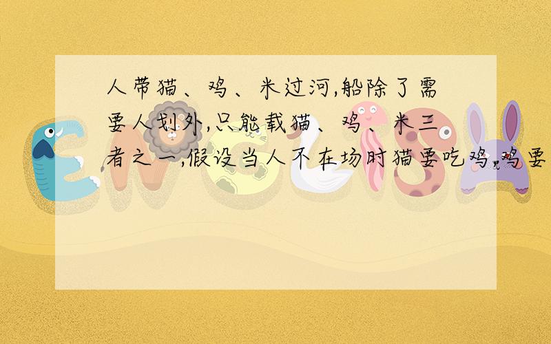 人带猫、鸡、米过河,船除了需要人划外,只能载猫、鸡、米三者之一,假设当人不在场时猫要吃鸡,鸡要吃米.安全过河的方案.