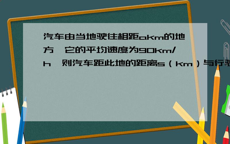 汽车由当地驶往相距akm的地方,它的平均速度为90km/h,则汽车距此地的距离s（km）与行驶时间t（h）的函数关系式为（ ）,自变量t（h）的取值范围是（ ）