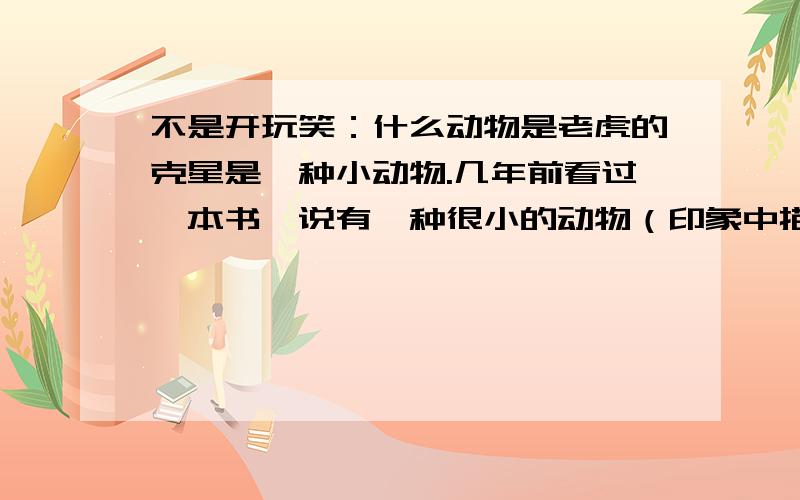 不是开玩笑：什么动物是老虎的克星是一种小动物.几年前看过一本书,说有一种很小的动物（印象中描述的是比猫大一点的动物,有锋利的爪子）可以说是老虎的“克星”,他们不怕老虎,还专