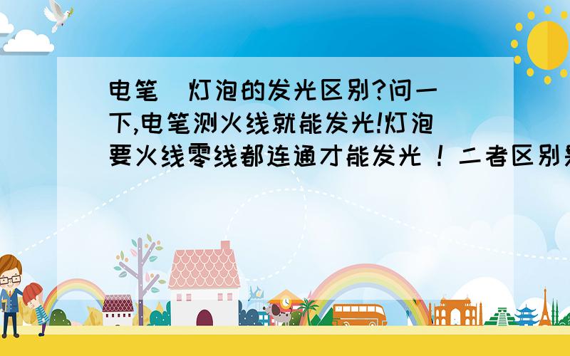 电笔  灯泡的发光区别?问一下,电笔测火线就能发光!灯泡要火线零线都连通才能发光 ! 二者区别是怎样呢?灯泡也像电笔那样操作能发光吗?