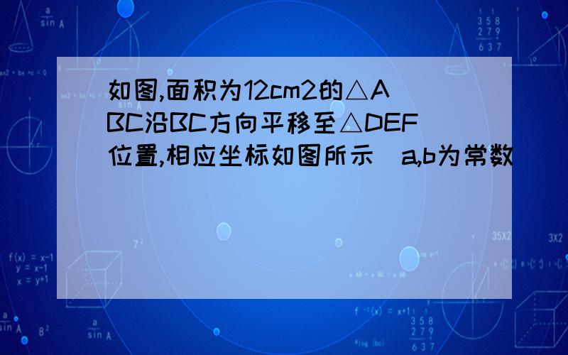 如图,面积为12cm2的△ABC沿BC方向平移至△DEF位置,相应坐标如图所示（a,b为常数）（1）求点E,D的坐标（2）求四边形ACED的面积