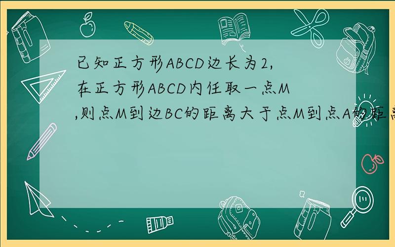 已知正方形ABCD边长为2,在正方形ABCD内任取一点M,则点M到边BC的距离大于点M到点A的距离的概率