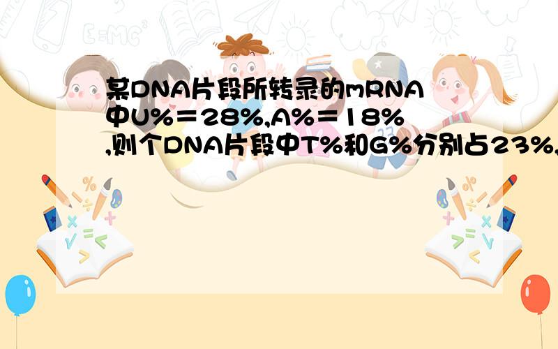 某DNA片段所转录的mRNA中U%＝28%,A%＝18%,则个DNA片段中T%和G%分别占23%,27% 为什么啊