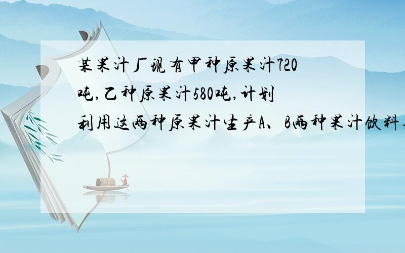 某果汁厂现有甲种原果汁720吨,乙种原果汁580吨,计划利用这两种原果汁生产A、B两种果汁饮料共50大罐.已知生产一大罐A种果汁饮料,需用甲种原果汁18吨、乙种原果汁6吨,可获利2800元；生产一