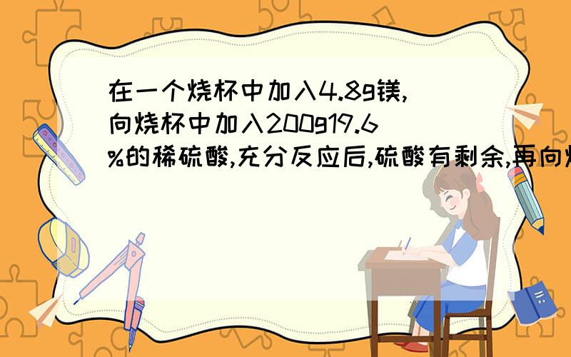 在一个烧杯中加入4.8g镁,向烧杯中加入200g19.6%的稀硫酸,充分反应后,硫酸有剩余,再向烧杯中加入加入氢氧化镁和碳酸镁的混合物14.2g,恰好完全反应,最终得到硫酸镁的质量为