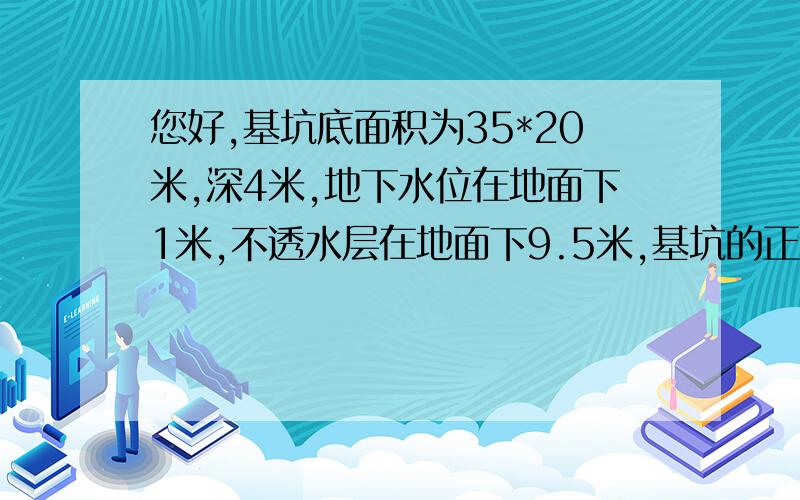 您好,基坑底面积为35*20米,深4米,地下水位在地面下1米,不透水层在地面下9.5米,基坑的正负零如何确定