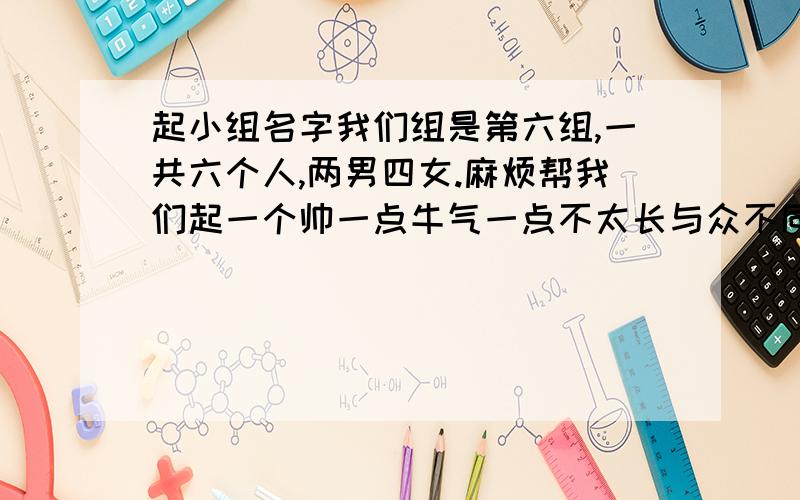 起小组名字我们组是第六组,一共六个人,两男四女.麻烦帮我们起一个帅一点牛气一点不太长与众不同的名字,最好能和六有关系.如果好,