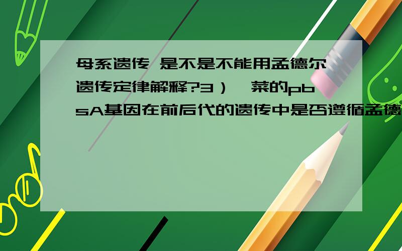 母系遗传 是不是不能用孟德尔遗传定律解释?3）苋菜的pbsA基因在前后代的遗传中是否遵循孟德尔遗传定律?为什么?（3）否；孟德尔遗传定律揭示的是有性生殖过程中细胞核基因的遗传规律,