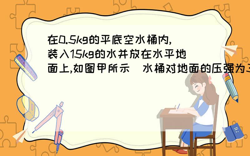 在0.5kg的平底空水桶内,装入15kg的水并放在水平地面上,如图甲所示．水桶对地面的压强为3100Pa．小刚用细线拴着体积为4×10-3m3,密度为3×103kg/m3的金属球．当手提细线使金属球浸没在桶内的水