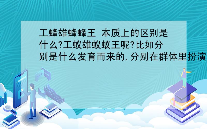 工蜂雄蜂蜂王 本质上的区别是什么?工蚁雄蚁蚁王呢?比如分别是什么发育而来的,分别在群体里扮演什么角色等,