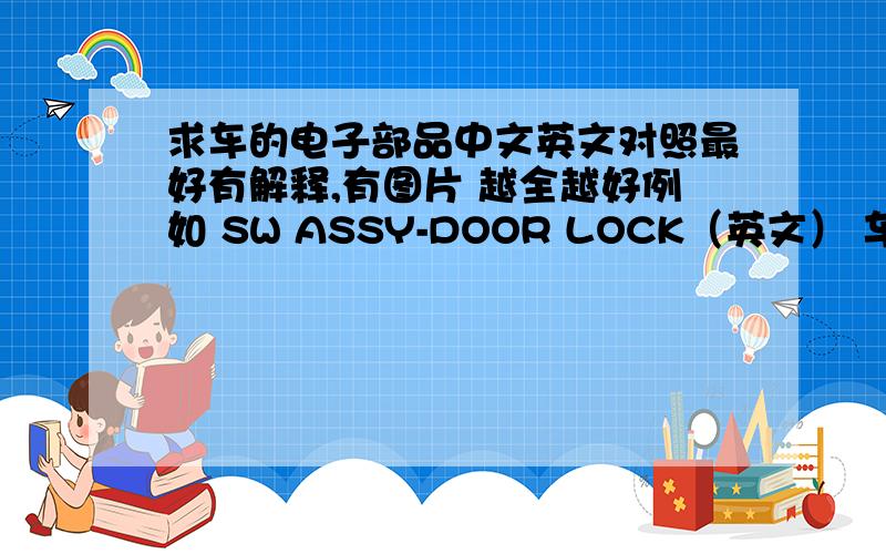 求车的电子部品中文英文对照最好有解释,有图片 越全越好例如 SW ASSY-DOOR LOCK（英文） 车锁开关集成 （中文） 车锁开关控制器（解释）