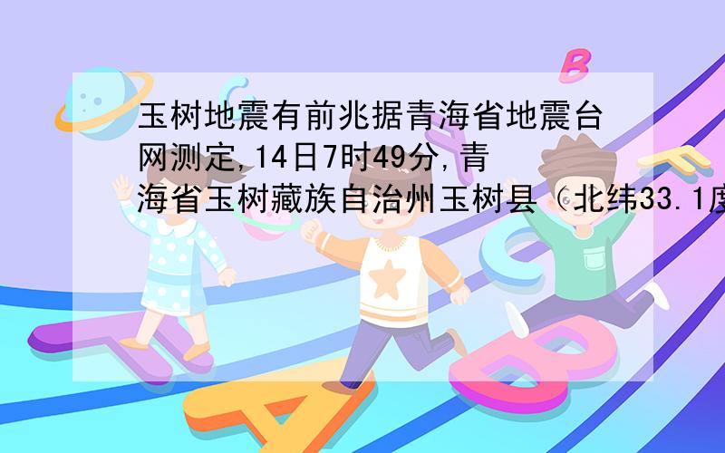 玉树地震有前兆据青海省地震台网测定,14日7时49分,青海省玉树藏族自治州玉树县（北纬33.1度,东经96.7度）发生7.1级地震,震源深度33公里,震中距离州府所在地结古镇30公里.据证实,在此之前的5