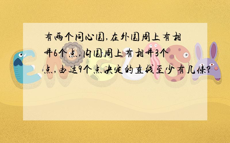 有两个同心圆,在外圆周上有相异6个点,内圆周上有相异3个点,由这9个点决定的直线至少有几条?