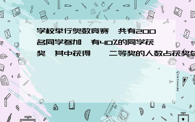 学校举行奥数竞赛,共有200名同学参加,有40%的同学获奖,其中获得一、二等奖的人数占获奖总人数的½,获二三等奖的人数占获奖总人数的八分之七.则获得一二三等奖的人数分别是多少?