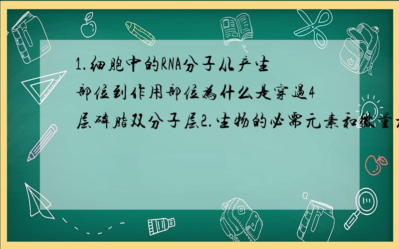 1.细胞中的RNA分子从产生部位到作用部位为什么是穿过4层磷脂双分子层2.生物的必需元素和微量元素有什么联系3.为什么成熟柑橘果肉细胞结合水相对含量较少4.洋葱体细胞有8条染色体,为什