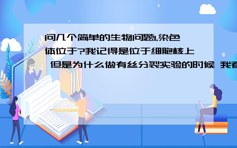 问几个简单的生物问题1.染色体位于?我记得是位于细胞核上 但是为什么做有丝分裂实验的时候 我看到染色体好像不在细胞核上 好像是在细胞外啊 而且很大啊 比细胞器还大啊2.鸡蛋为什么补