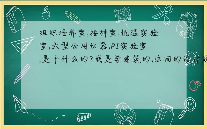 组织培养室,接种室,低温实验室,大型公用仪器,PI实验室,是干什么的?我是学建筑的,这回的设计题目是杂交水稻实验室,然后任务书里有这么几个实验室.我就想知道每个实验室具体功能是什么?