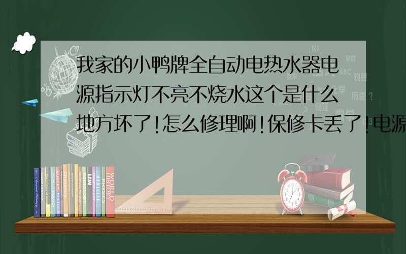 我家的小鸭牌全自动电热水器电源指示灯不亮不烧水这个是什么地方坏了!怎么修理啊!保修卡丢了!电源没烧!一年没用过昨天修好水管插上电电源灯不亮!没热水!