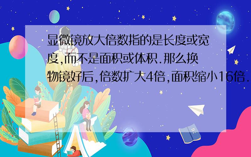 显微镜放大倍数指的是长度或宽度,而不是面积或体积.那么换物镜好后,倍数扩大4倍,面积缩小16倍.为什么不是4倍呢