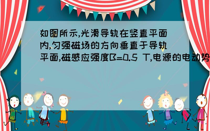 如图所示,光滑导轨在竖直平面内,匀强磁场的方向垂直于导轨平面,磁感应强度B=0.5 T,电源的电动势为1.5 V,内阻不计.当电键K拨向a时,导体棒（电阻为R）PQ恰能静止.当K拨向b后,导体棒PQ在1 s内扫