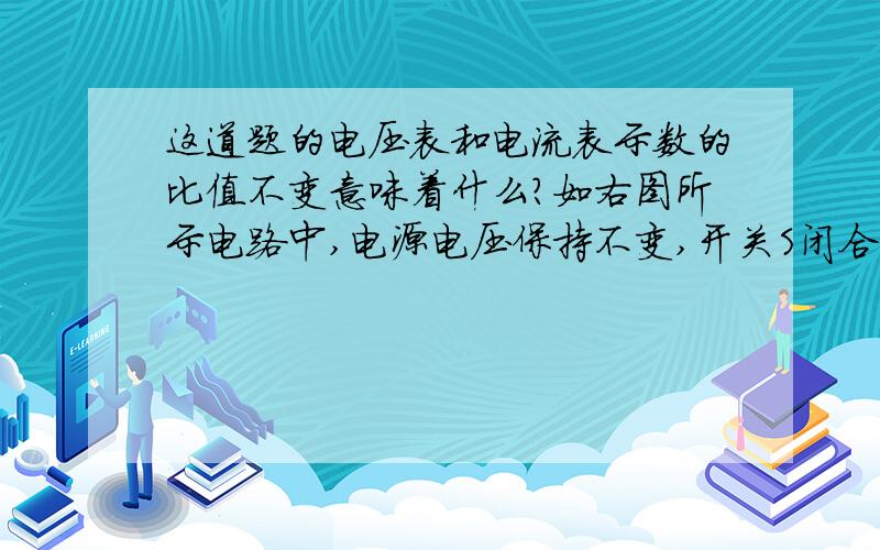 这道题的电压表和电流表示数的比值不变意味着什么?如右图所示电路中,电源电压保持不变,开关S闭合,灯L1和L2均正常发光,一段时间后,其中一盏灯突然熄灭,而电压表和电流表示数的比值不变,