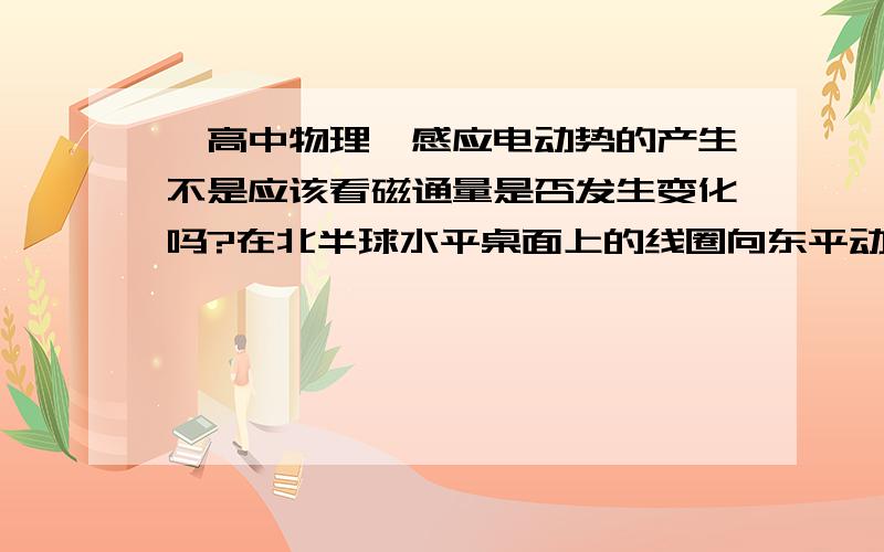 【高中物理】感应电动势的产生不是应该看磁通量是否发生变化吗?在北半球水平桌面上的线圈向东平动为什么有感应电动势产生呢?答案都说是切割的磁感线,可切割磁感线并不一定产生感应