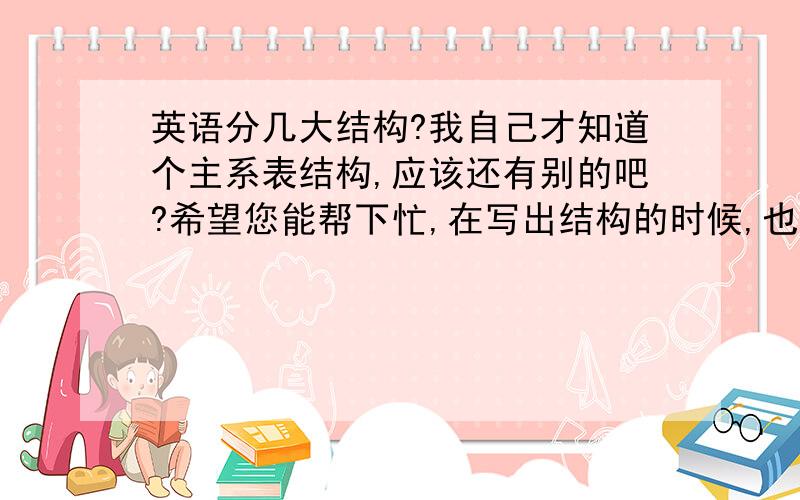 英语分几大结构?我自己才知道个主系表结构,应该还有别的吧?希望您能帮下忙,在写出结构的时候,也写个对应的英文句子.例如主系表结构Today the weather is very hot.真心想学好英文的,万分感激.